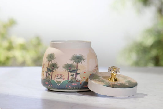 Pichwai Sacred Grove & Lotus Pool Metal Jar – Blush Pink & Teal Dusk | Hand-Painted Decorative Storage Jar with Diamond Crystal Knob Lid