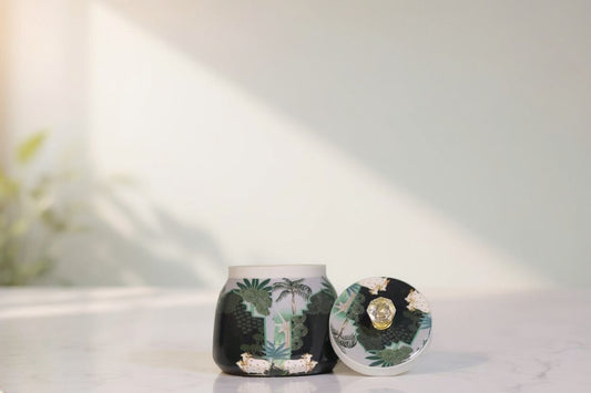 Pichwai Sacred Cows in Enchanted Forest Metal Jar – Midnight Black & Jungle Green | Hand-Painted Decorative Storage Jar with Crystal Rose Knob Lid