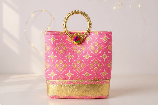 Bandhani Print Ring Handle Gift Bag – Fuchsia Pink & Gold | Indian Festive Gift Bag for Weddings, Birthdays & Special Occasions