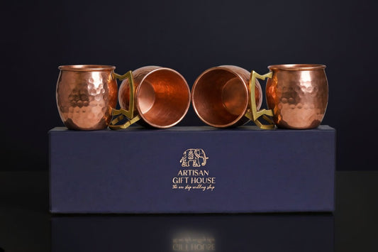 100% Pure Copper Hammered Mug Set of 4 – Hand-Hammered Ayurvedic Drinkware | Solid Copper Interior | Brass Handle Gift Set