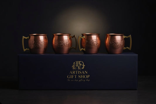 100% Pure Copper Barrel Mug Set of 4 – Engraved Band Design | Ayurvedic Copper Drinkware | Brass Handle Mugs | Gift Set