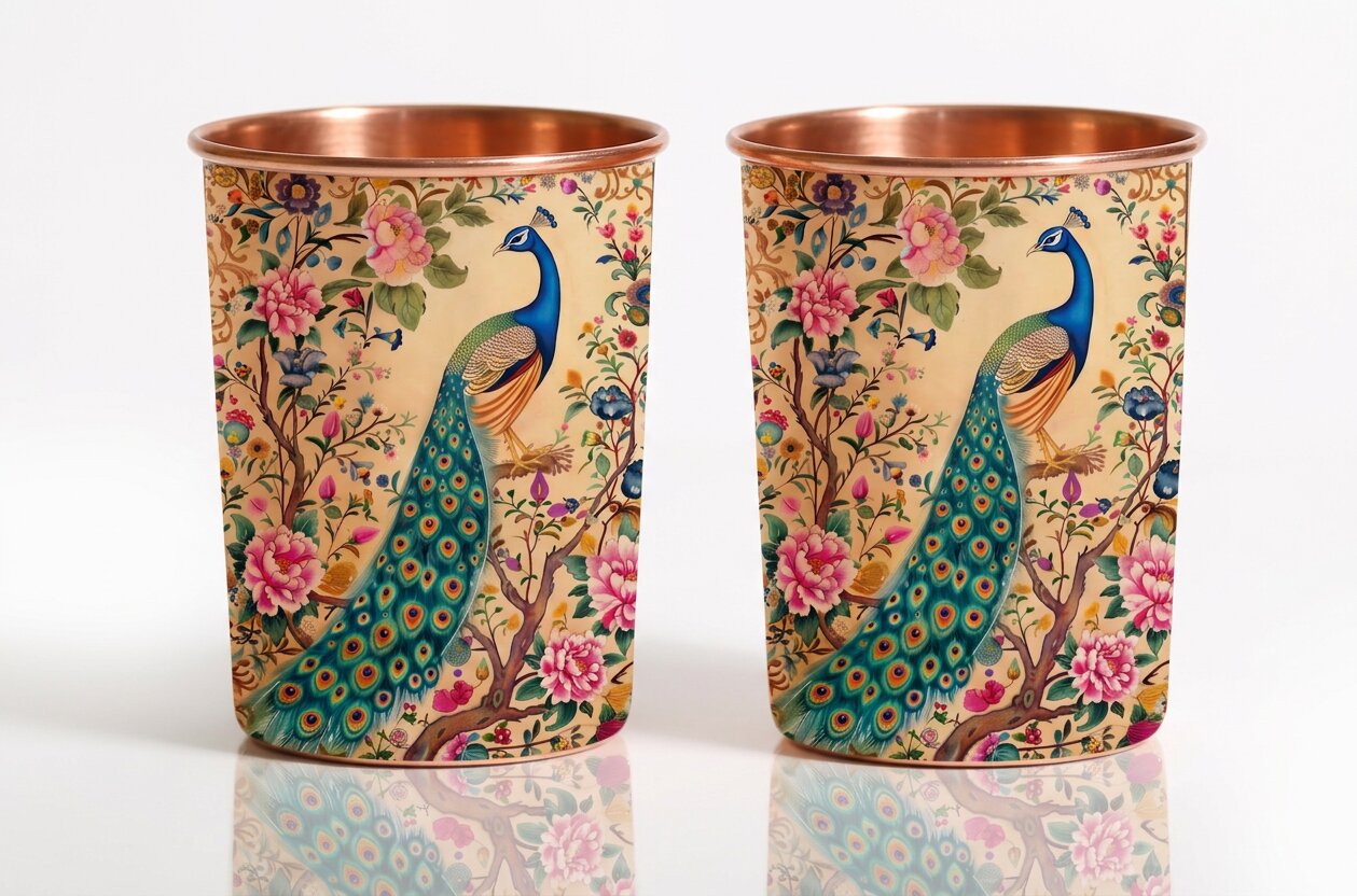 Copper Jug & Glass Set | Peacock Garden | Ayurvedic Drinkware