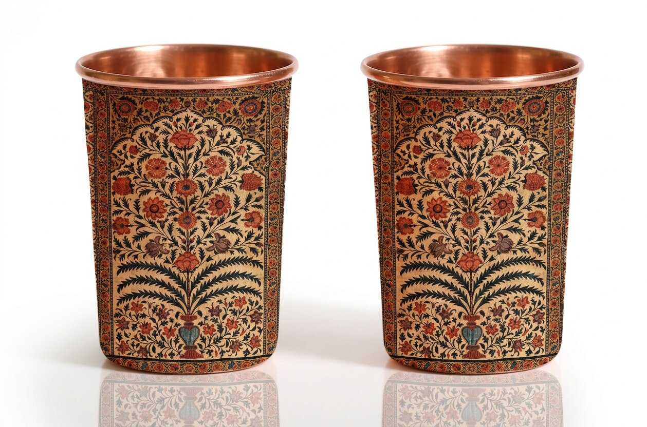Copper Jug & Glass Set | Mughal Floral Tree | Ayurvedic Drinkware