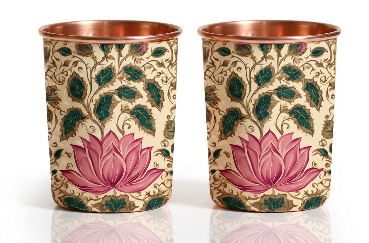 Copper Jug & Glass Set | Sacred Lotus Bloom | Ayurvedic Drinkware