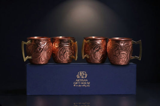 100% Pure Copper Mug Set of 4 – Deep Embossed Floral Design | Ayurvedic Drinkware | Brass Handle Copper Mugs | Luxury Gift Set