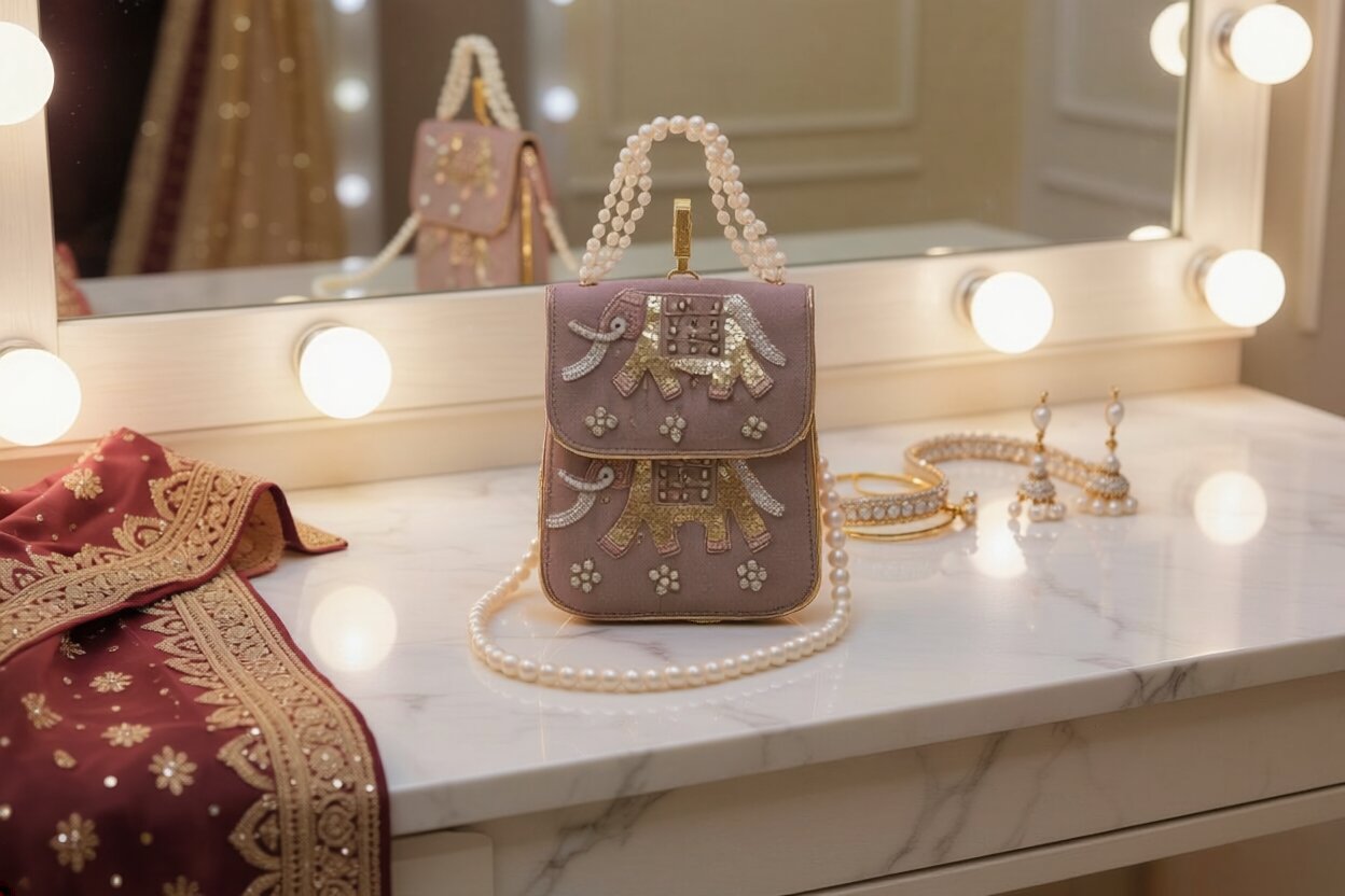 Elephant Embroidered Mini Satchel Bag – Dusty Mauve | Pearl Handle Indian Bridal Purse & Festive Clutch