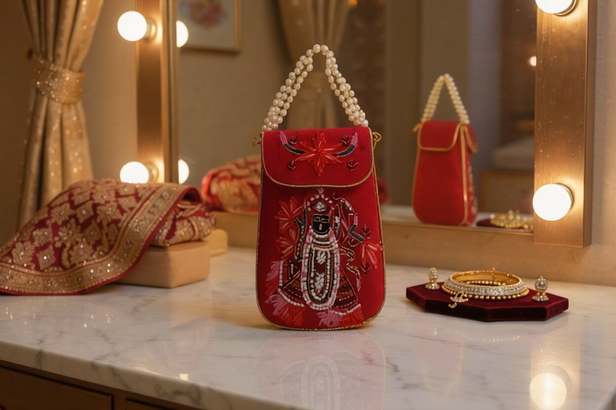 Shrinathji Embroidered Satchel Bag – Crimson Red | Pearl Handle Bridal & Festive Purse