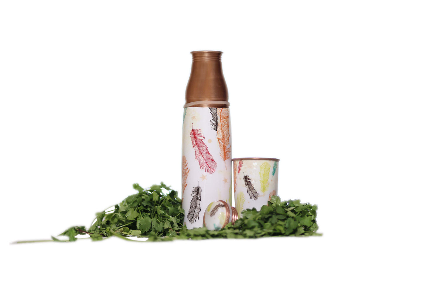 Designer Copper Bottle & Tumbler Set – Feather Print