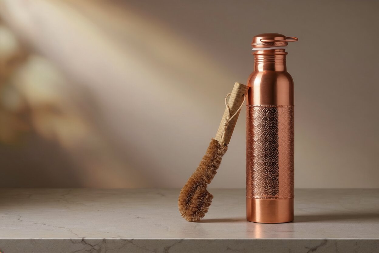 Engraved Pure Copper Water Bottle Gift Set – Traditional Craftsmanship | Ayurvedic Wellness with Cleaning Brush