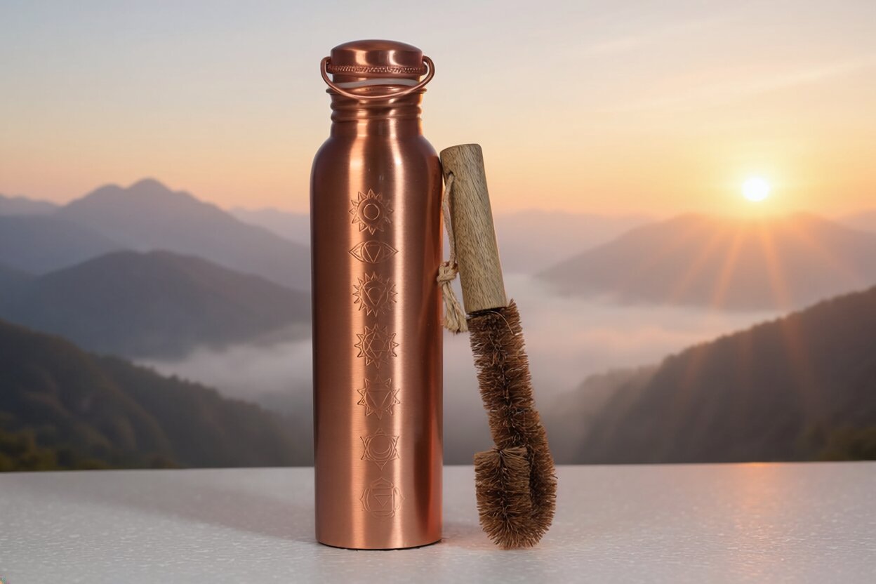 100% Pure Copper Water Bottle Gift Set – Smooth Finish | Ayurvedic Hydration with Cleaning Brush