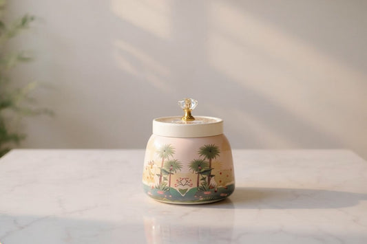 Pichwai Sacred Grove & Lotus Pool Metal Jar – Blush Pink & Teal Dusk | Hand-Painted Decorative Storage Jar with Diamond Crystal Knob Lid