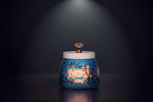 Pichwai Mother Cow & Calf Among Lotus Vines Metal Jar – Cerulean Blue | Hand-Painted Decorative Storage Jar with Diamond Crystal Knob Lid