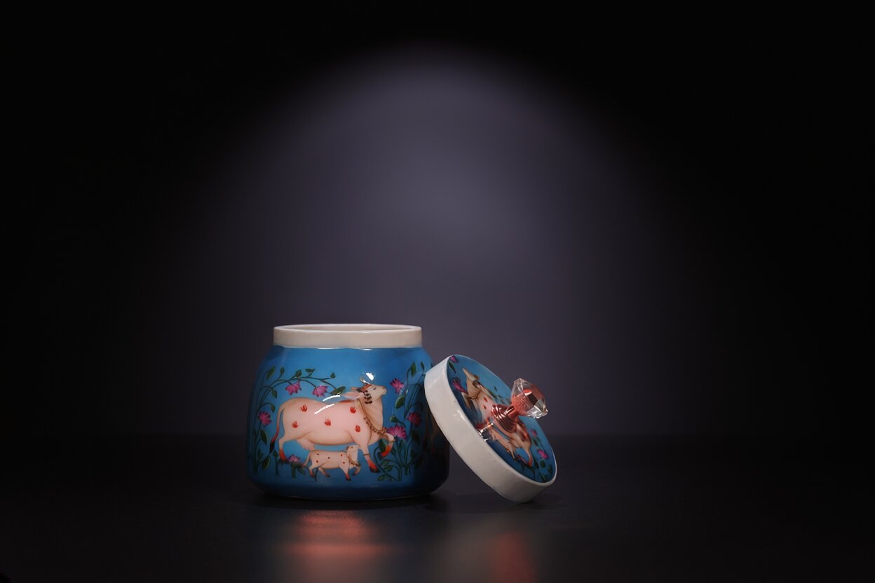 Pichwai Mother Cow & Calf Among Lotus Vines Metal Jar – Cerulean Blue | Hand-Painted Decorative Storage Jar with Diamond Crystal Knob Lid