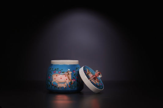 Pichwai Mother Cow & Calf Among Lotus Vines Metal Jar – Cerulean Blue | Hand-Painted Decorative Storage Jar with Diamond Crystal Knob Lid