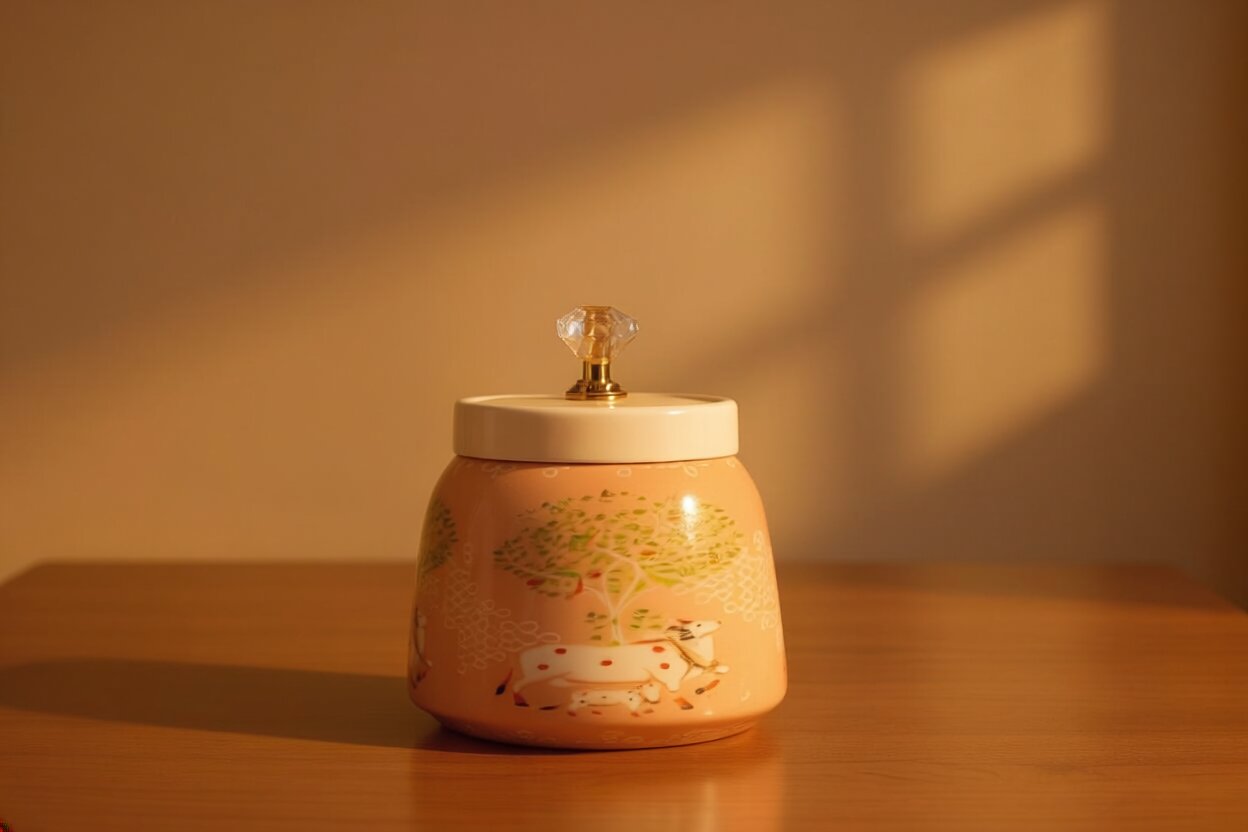 Pichwai Resting Cow Under the Sacred Tree Metal Jar – Blush Peach & Gold | Hand-Painted Decorative Storage Jar with Diamond Crystal Knob Lid