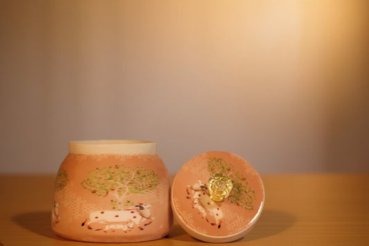 Pichwai Resting Cow Under the Sacred Tree Metal Jar – Blush Peach & Gold | Hand-Painted Decorative Storage Jar with Diamond Crystal Knob Lid