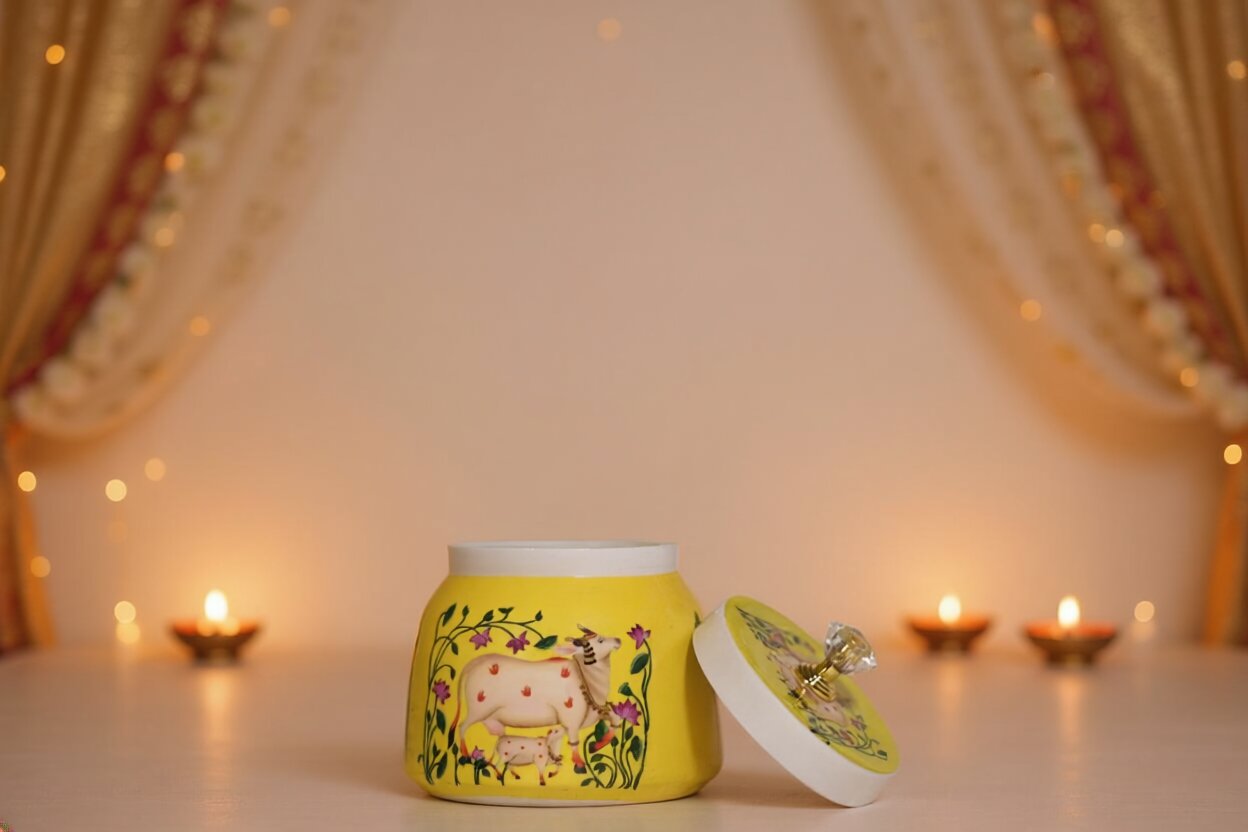 Pichwai Mother Cow & Calf in Floral Vine Frame Metal Jar – Sunshine Yellow | Hand-Painted Decorative Storage Jar with Diamond Crystal Knob Lid