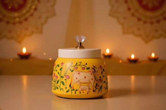 Pichwai Mother Cow & Calf in Floral Vine Frame Metal Jar – Sunshine Yellow | Hand-Painted Decorative Storage Jar with Diamond Crystal Knob Lid