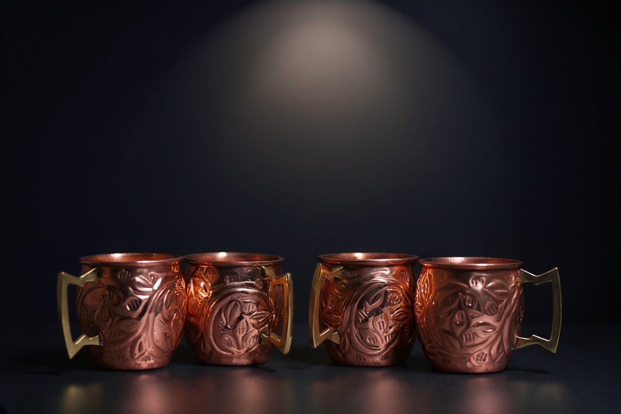 100% Pure Copper Mug Set of 4 – Deep Embossed Floral Design | Ayurvedic Drinkware | Brass Handle Copper Mugs | Luxury Gift Set