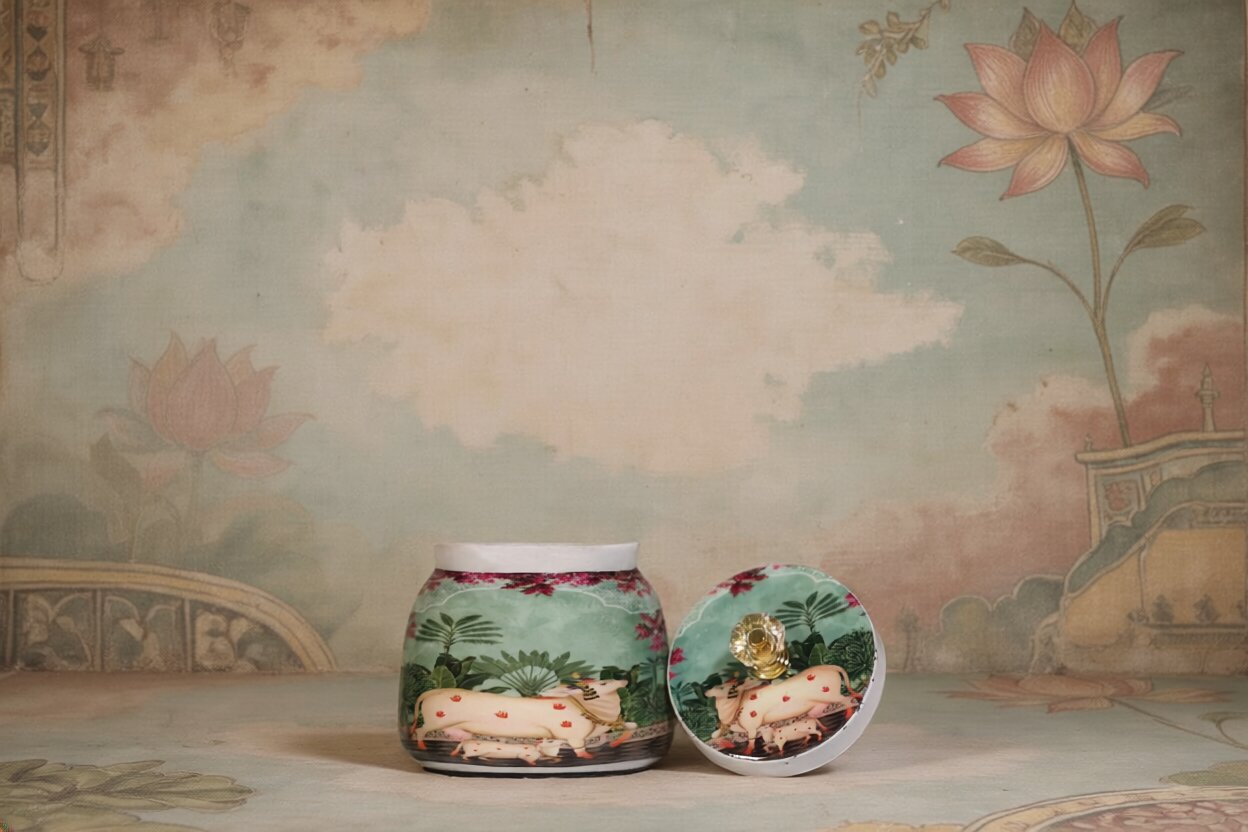 Pichwai Mother Cow & Calf in Blossom Garden Metal Jar – Sage Green & Magenta | Hand-Painted Decorative Storage Jar with Diamond Crystal Knob Lid