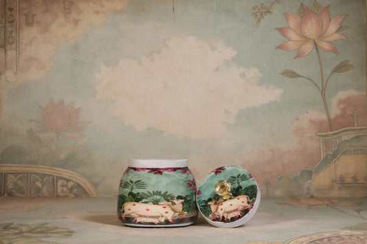 Pichwai Mother Cow & Calf in Blossom Garden Metal Jar – Sage Green & Magenta | Hand-Painted Decorative Storage Jar with Diamond Crystal Knob Lid