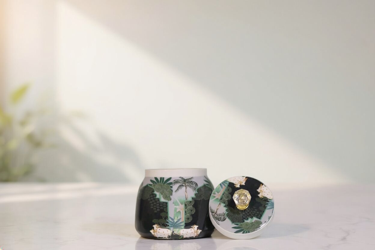 Pichwai Sacred Cows in Enchanted Forest Metal Jar – Midnight Black & Jungle Green | Hand-Painted Decorative Storage Jar with Crystal Rose Knob Lid