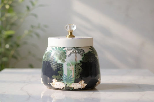 Pichwai Sacred Cows in Enchanted Forest Metal Jar – Midnight Black & Jungle Green | Hand-Painted Decorative Storage Jar with Crystal Rose Knob Lid