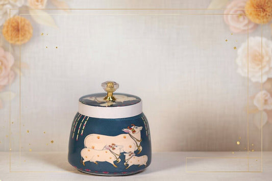 Pichwai Sacred Cow Procession Metal Jar – Royal Indigo Blue | Hand-Painted Decorative Storage Jar with Crystal Knob Lid