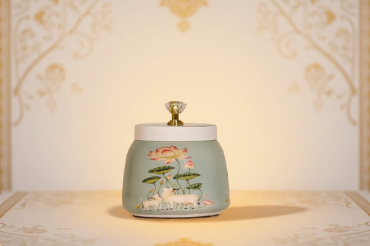 Pichwai Lotus & Cow Metal Jar – Serene Teal | Hand-Painted Decorative Storage Jar with Crystal Knob Lid