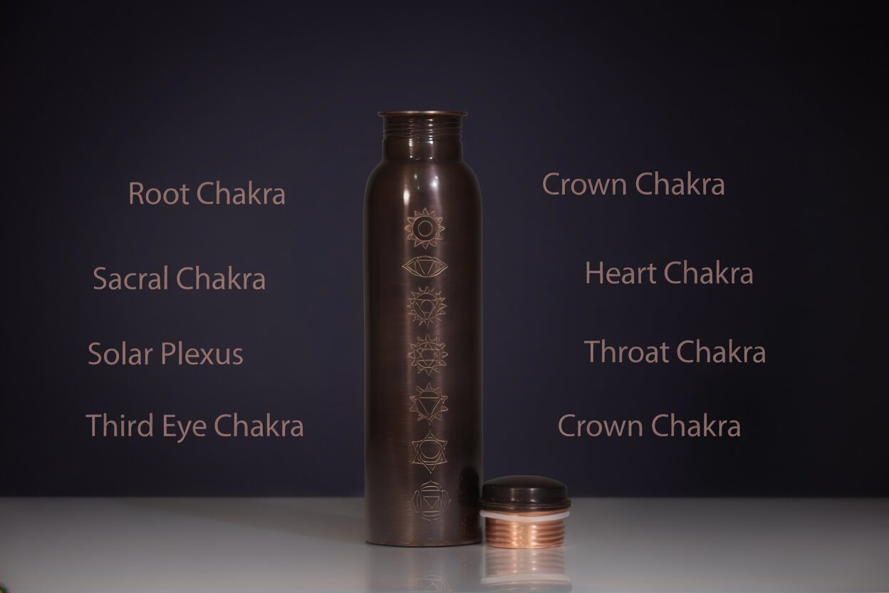 Handcrafted Ayurvedic Copper Water Bottle | 7 Chakra Engraved Pure Copper Water Bottle – Yoga & Wellness Drinkware