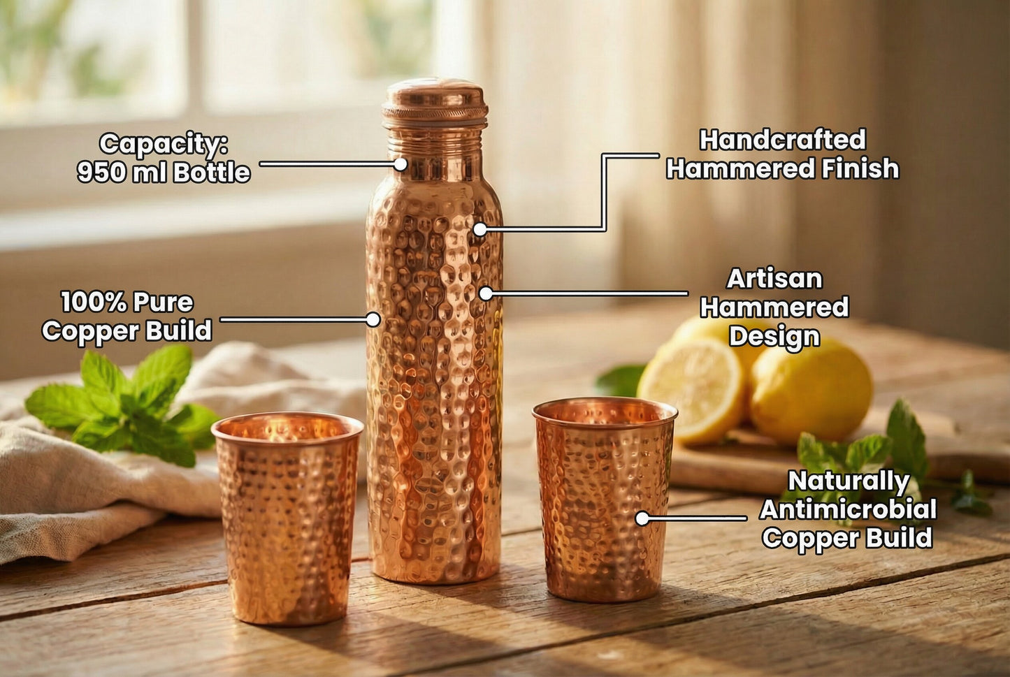 Artisan Copper Hydration Set – Bottle & 2 Tumblers