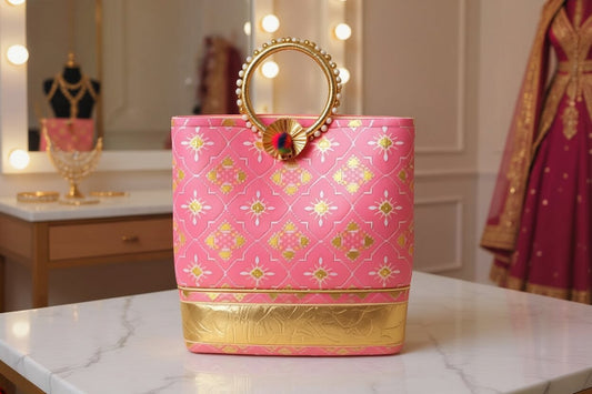 Bandhani Print Ring Handle Gift Bag – Fuchsia Pink & Gold | Indian Festive Gift Bag for Weddings, Birthdays & Special Occasions
