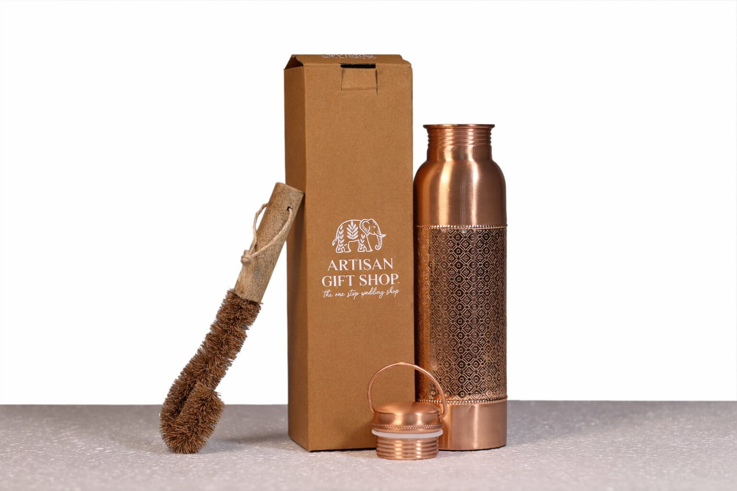 Engraved Pure Copper Water Bottle Gift Set – Traditional Craftsmanship | Ayurvedic Wellness with Cleaning Brush