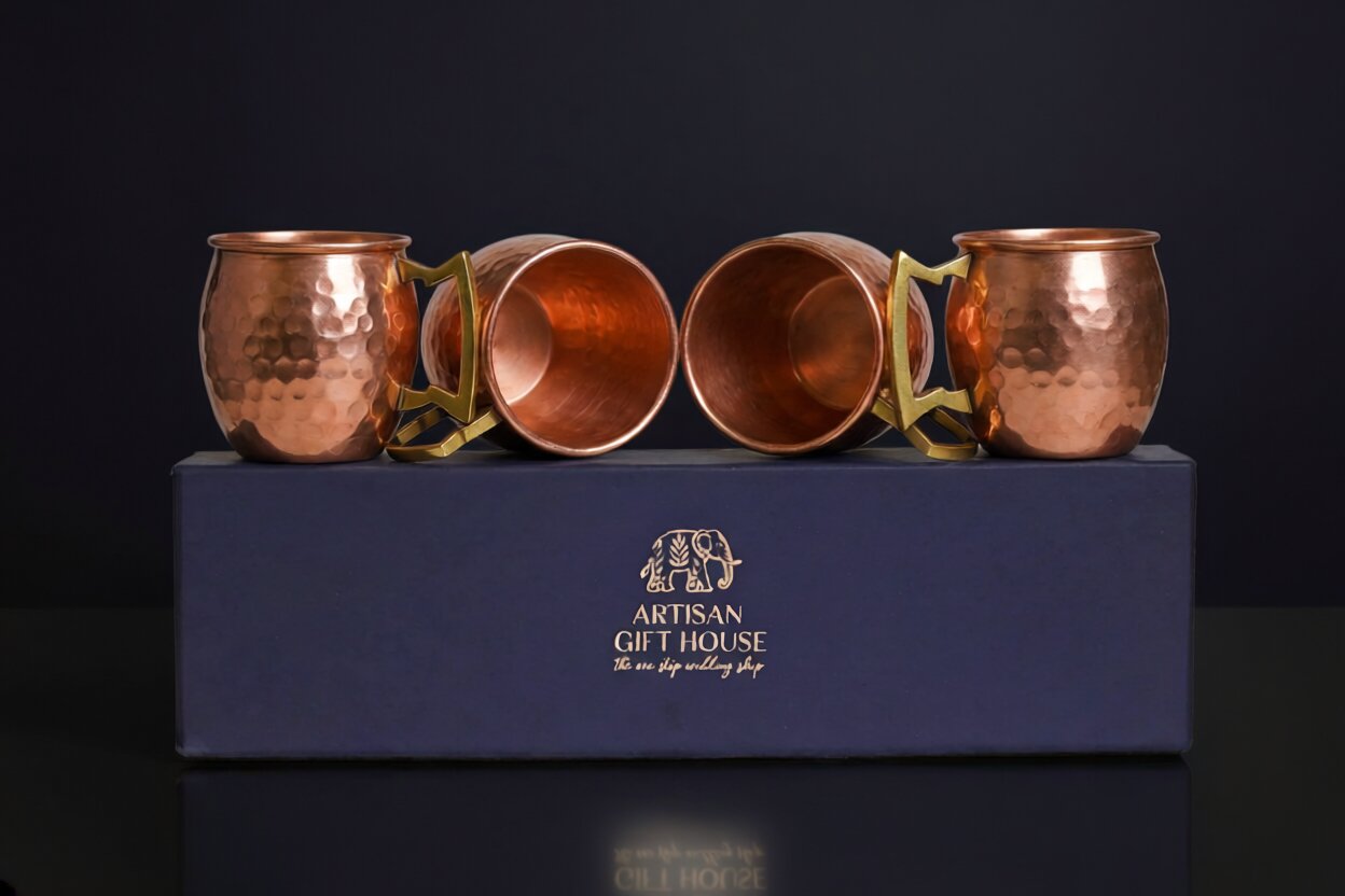 100% Pure Copper Hammered Mug Set of 4 – Hand-Hammered Ayurvedic Drinkware | Solid Copper Interior | Brass Handle Gift Set