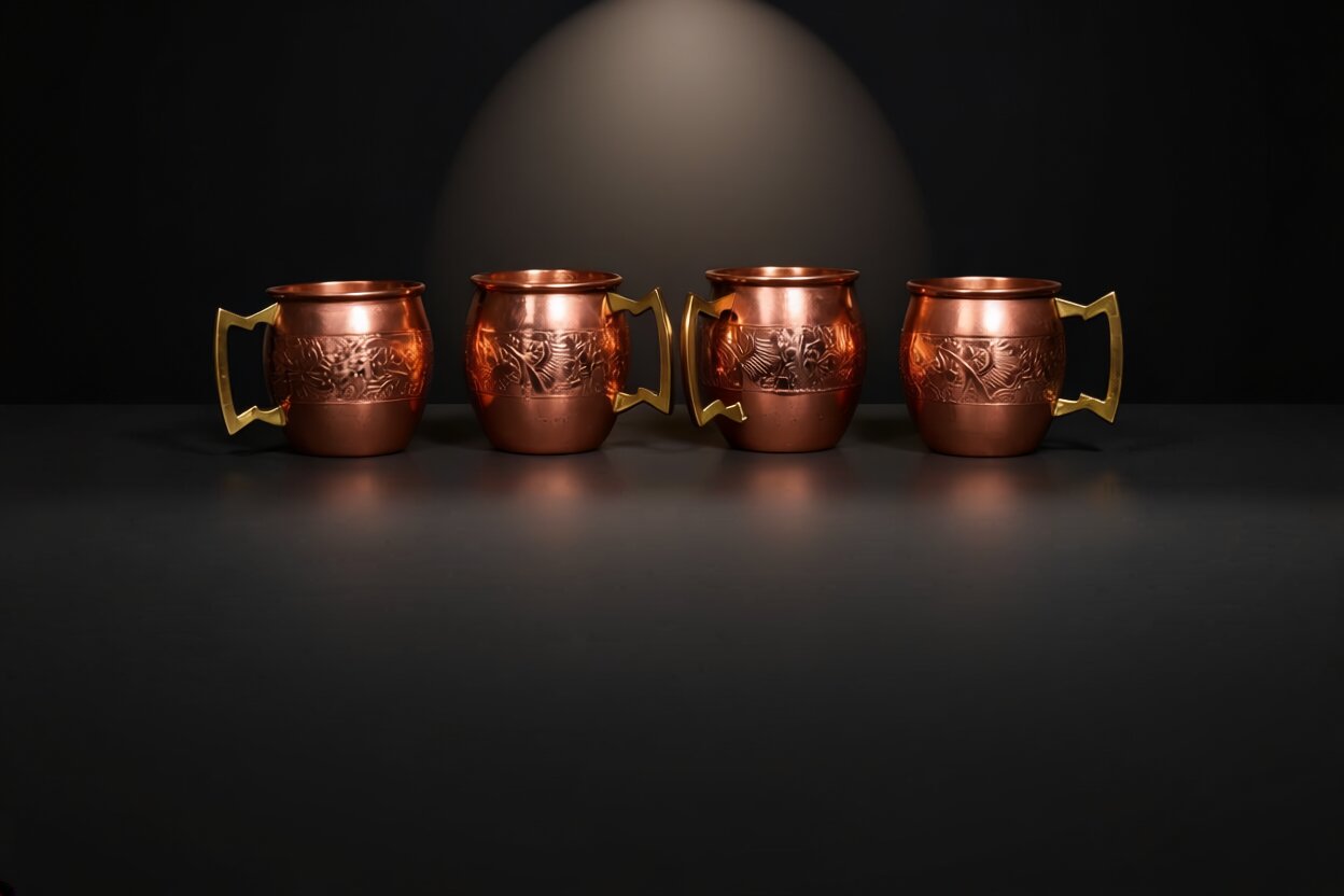 100% Pure Copper Barrel Mug Set of 4 – Engraved Band Design | Ayurvedic Copper Drinkware | Brass Handle Mugs | Gift Set