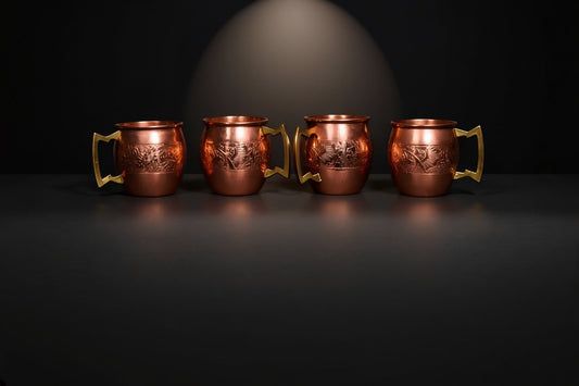 100% Pure Copper Barrel Mug Set of 4 – Engraved Band Design | Ayurvedic Copper Drinkware | Brass Handle Mugs | Gift Set