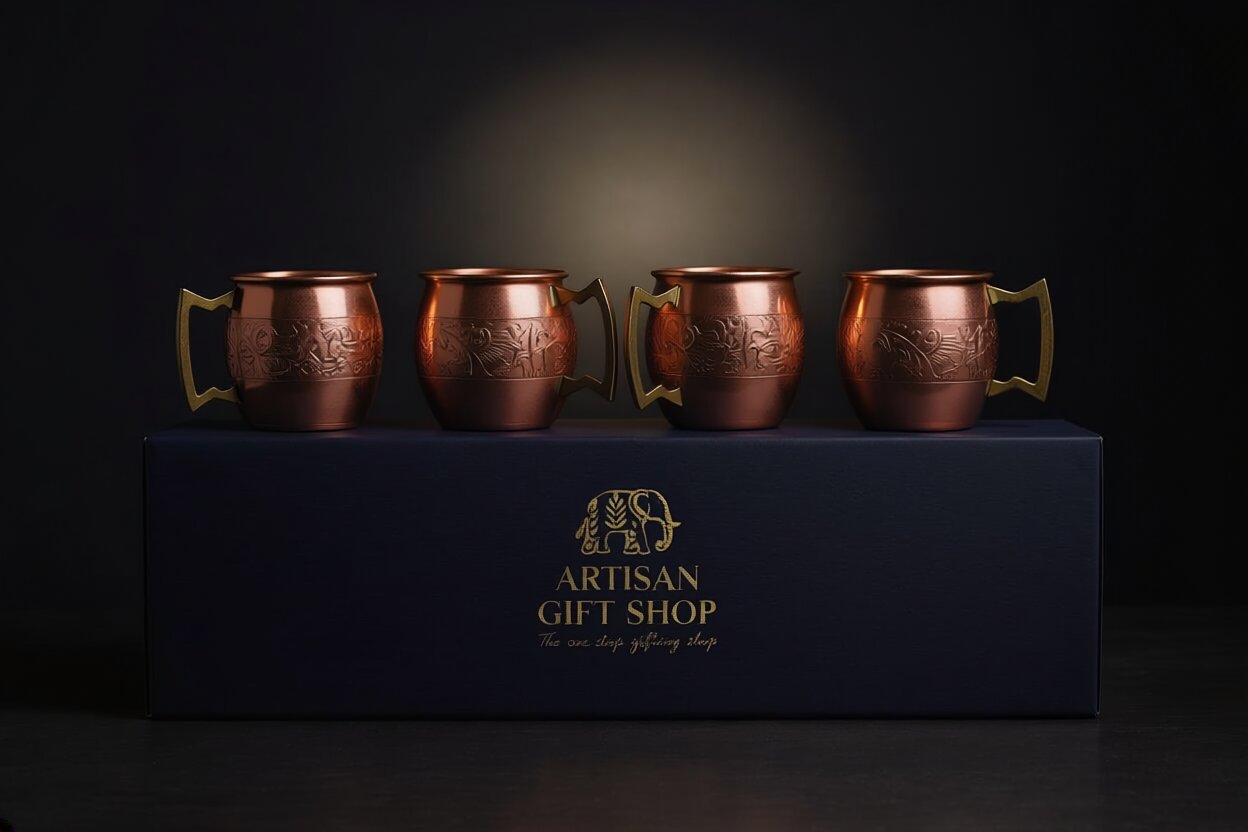100% Pure Copper Barrel Mug Set of 4 – Engraved Band Design | Ayurvedic Copper Drinkware | Brass Handle Mugs | Gift Set