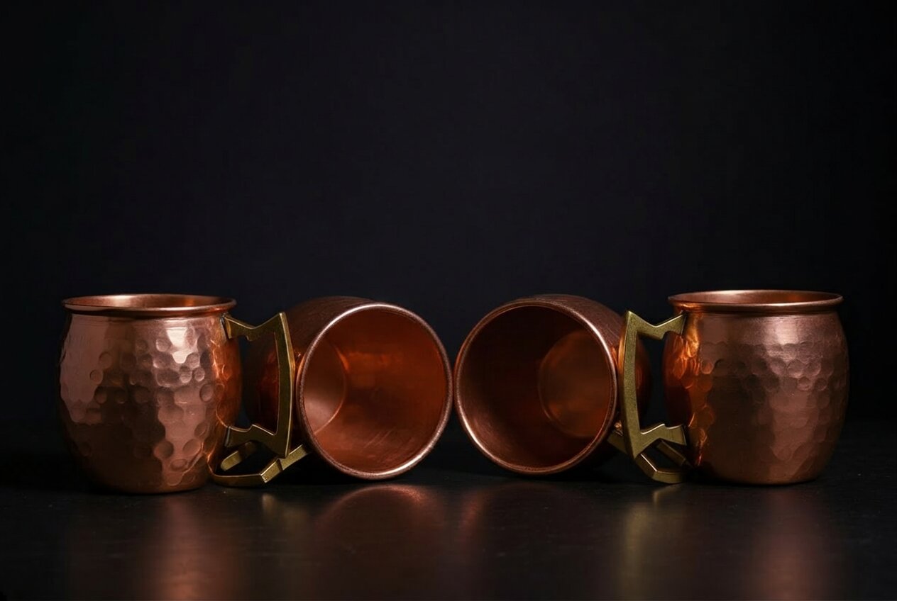 100% Pure Copper Hammered Mug Set of 4 – Hand-Hammered Ayurvedic Drinkware | Solid Copper Interior | Brass Handle Gift Set