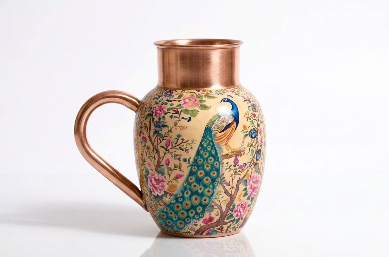 Copper Jug & Glass Set | Peacock Garden | Ayurvedic Drinkware