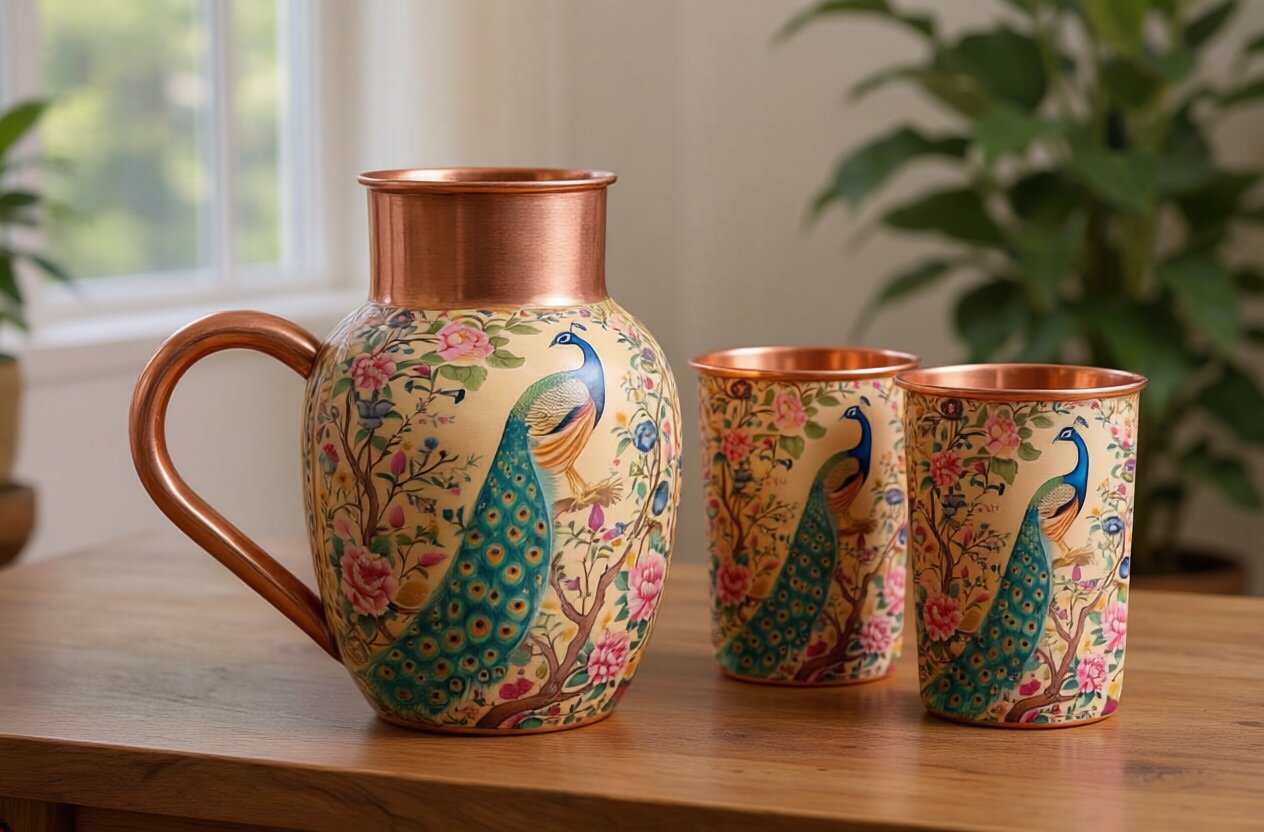 Copper Jug & Glass Set | Peacock Garden | Ayurvedic Drinkware