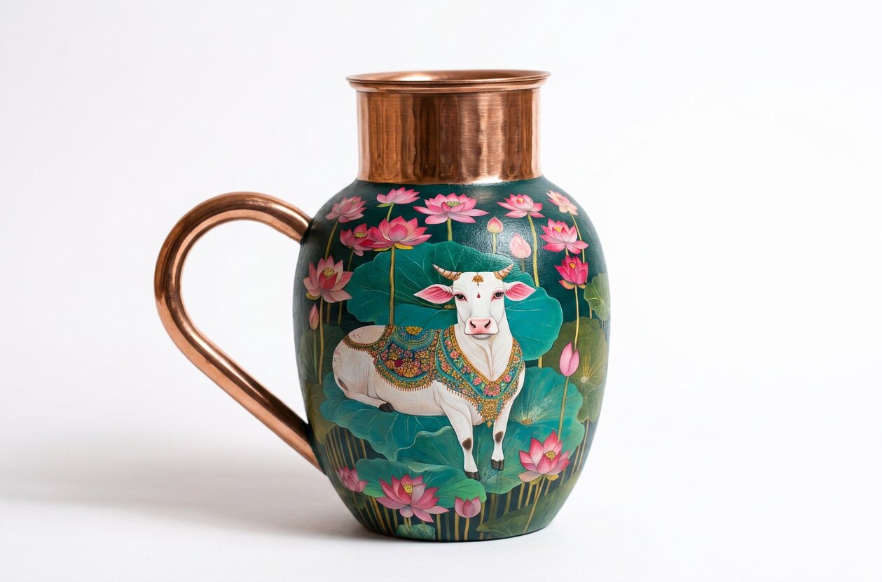 Copper Jug & Glass Set | Sacred Cow Lotus Art | Ayurvedic Drinkware