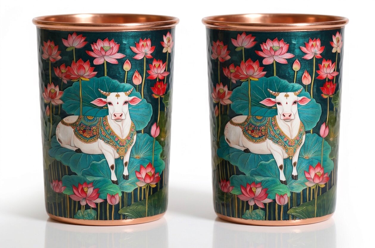 Copper Jug & Glass Set | Sacred Cow Lotus Art | Ayurvedic Drinkware