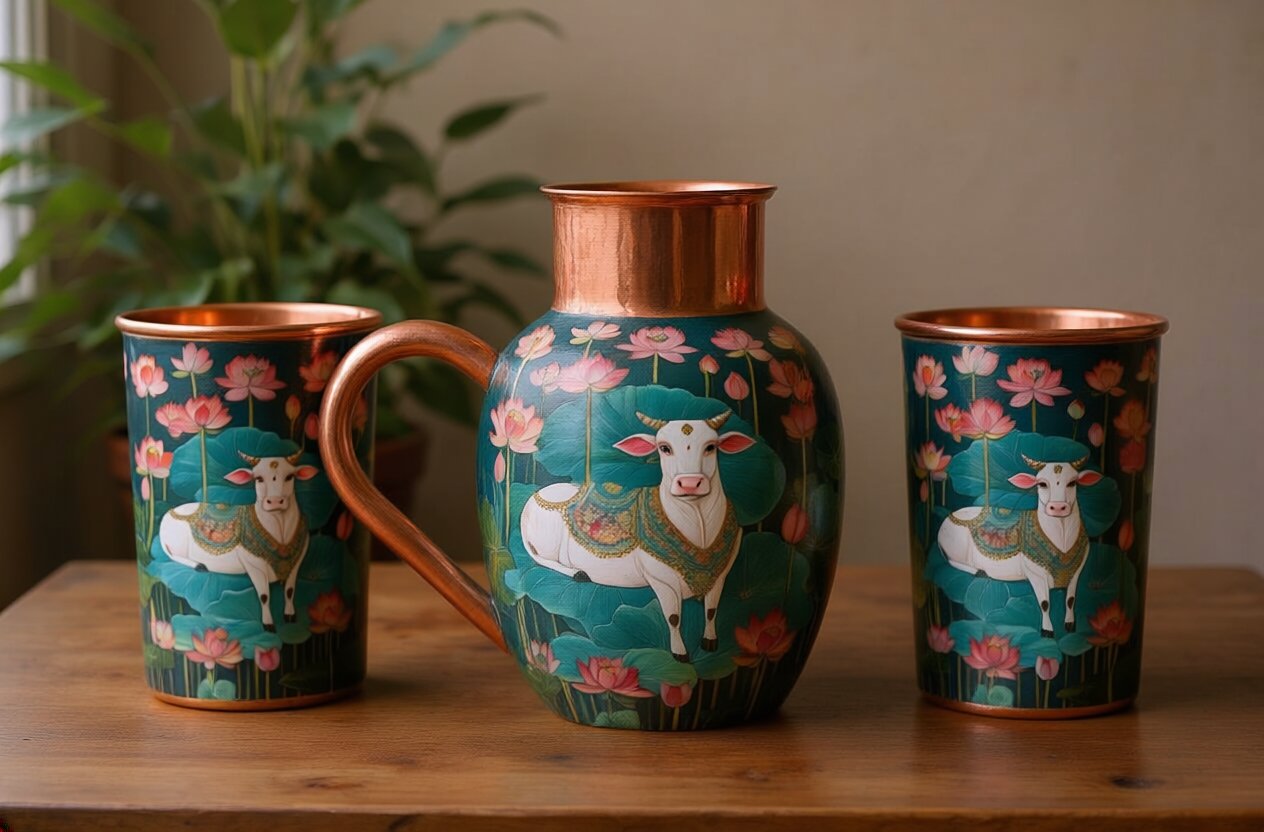 Copper Jug & Glass Set | Sacred Cow Lotus Art | Ayurvedic Drinkware