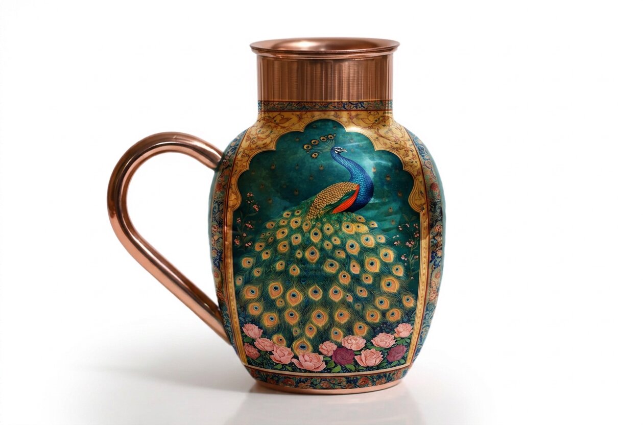 Copper Jug & Glass Set | Mughal Peacock Art | Ayurvedic Drinkware