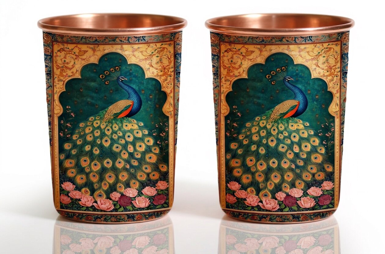 Copper Jug & Glass Set | Mughal Peacock Art | Ayurvedic Drinkware