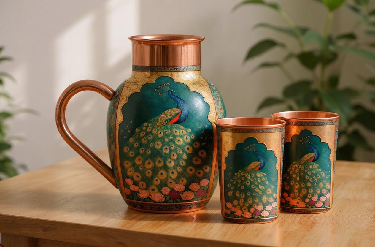 Copper Jug & Glass Set | Mughal Peacock Art | Ayurvedic Drinkware