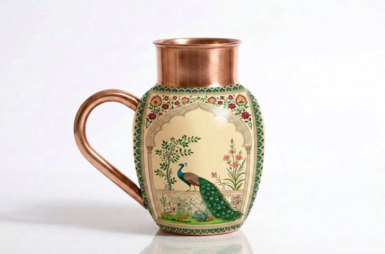 Copper Jug & Glass Set | Mughal Garden Peacock | Ayurvedic Drinkware