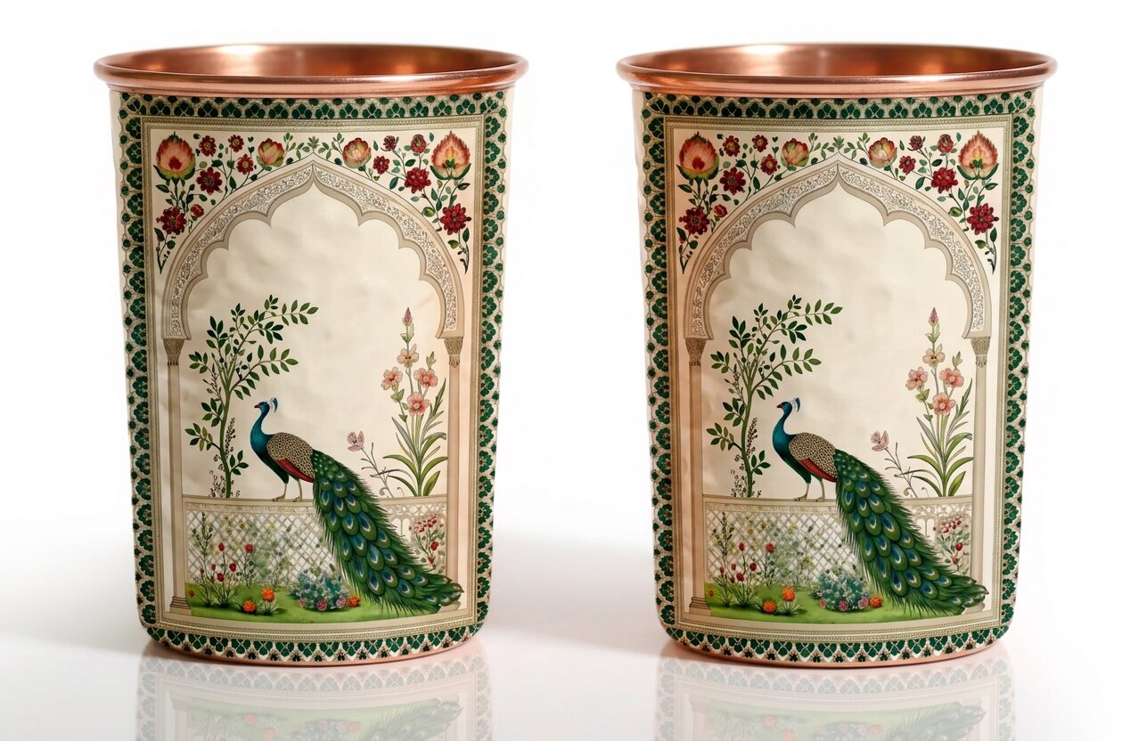 Copper Jug & Glass Set | Mughal Garden Peacock | Ayurvedic Drinkware