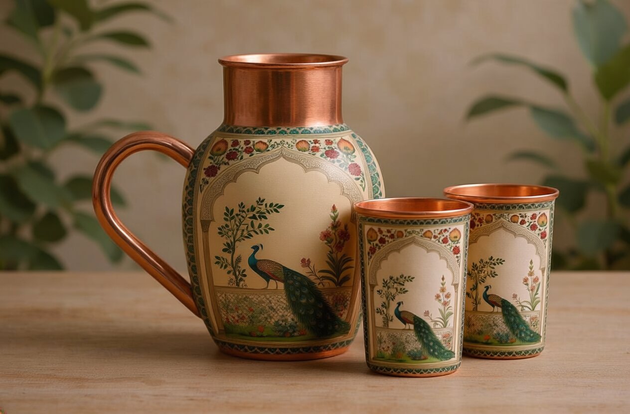 Copper Jug & Glass Set | Mughal Garden Peacock | Ayurvedic Drinkware