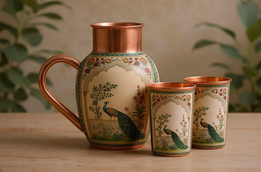Copper Jug & Glass Set | Mughal Garden Peacock | Ayurvedic Drinkware
